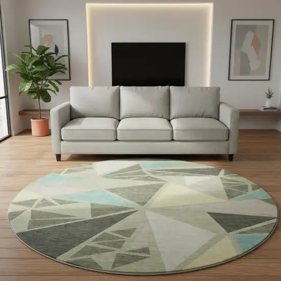 8' Artichoke Green Aqua And Ivory Geometric Washable Round Rug With UV Protection Photo 2