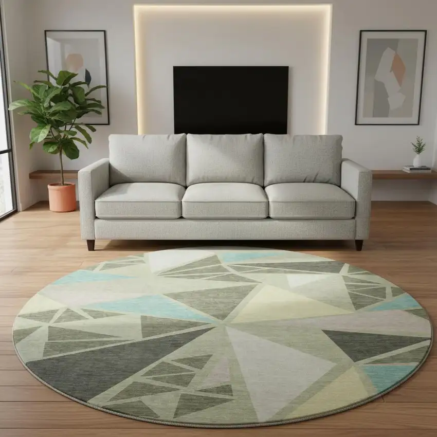 8' Artichoke Green Aqua And Ivory Geometric Washable Round Rug With UV Protection Photo 2