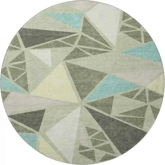 8' Artichoke Green Aqua And Ivory Geometric Washable Round Rug With UV Protection Photo 3