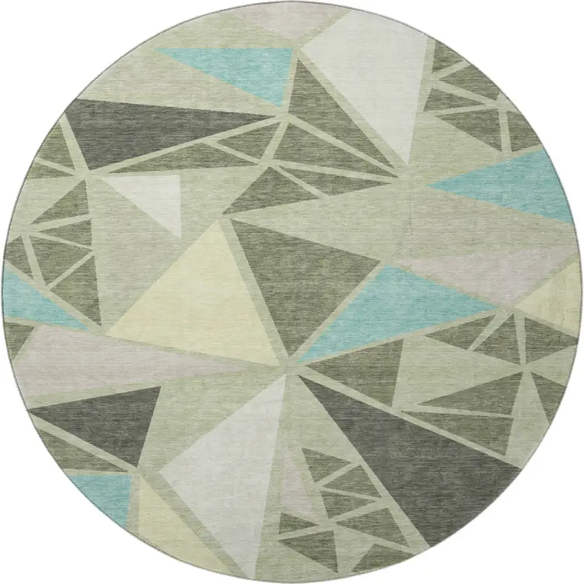 8' Artichoke Green Aqua And Ivory Geometric Washable Round Rug With UV Protection Photo 3