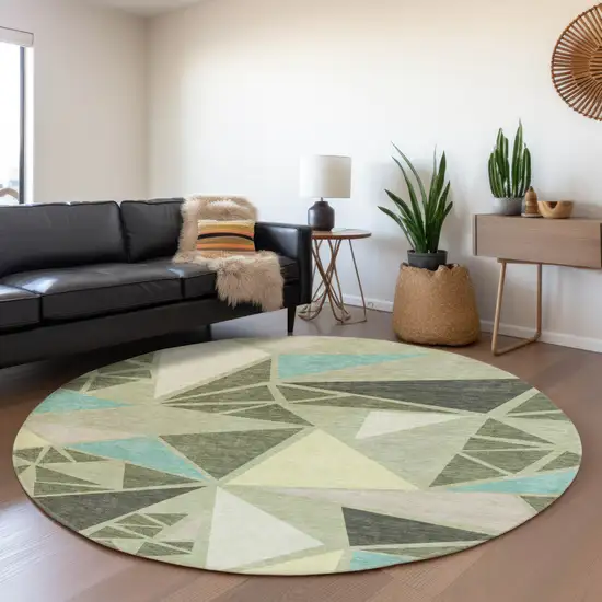 8' Artichoke Green Aqua And Ivory Geometric Washable Round Rug With UV Protection Photo 4