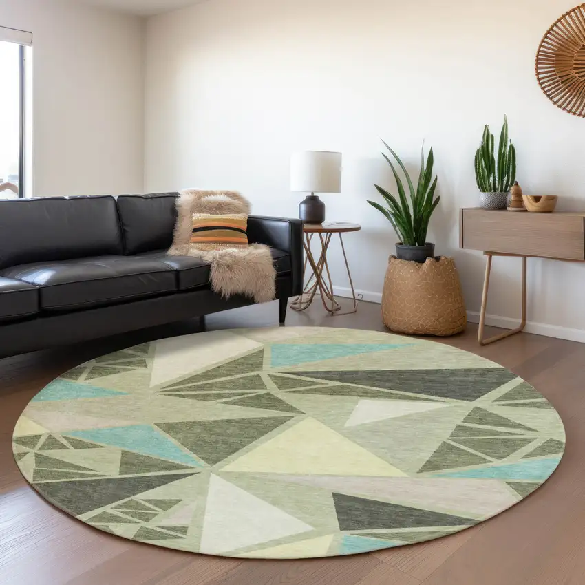 8' Artichoke Green Aqua And Ivory Geometric Washable Round Rug With UV Protection Photo 4