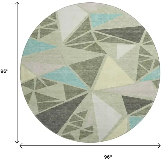 8' Artichoke Green Aqua And Ivory Geometric Washable Round Rug With UV Protection Photo 9