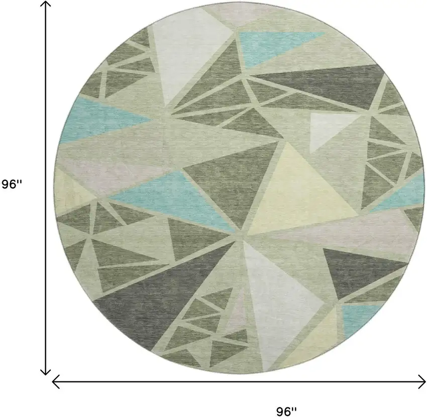8' Artichoke Green Aqua And Ivory Geometric Washable Round Rug With UV Protection Photo 9
