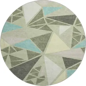 Photo of 8' Artichoke Green Aqua And Ivory Geometric Washable Round Rug With UV Protection