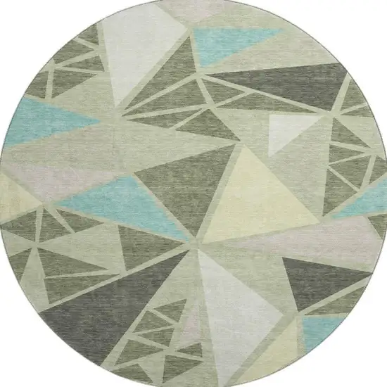 8' Artichoke Green Aqua And Ivory Geometric Washable Round Rug With UV Protection Photo 2