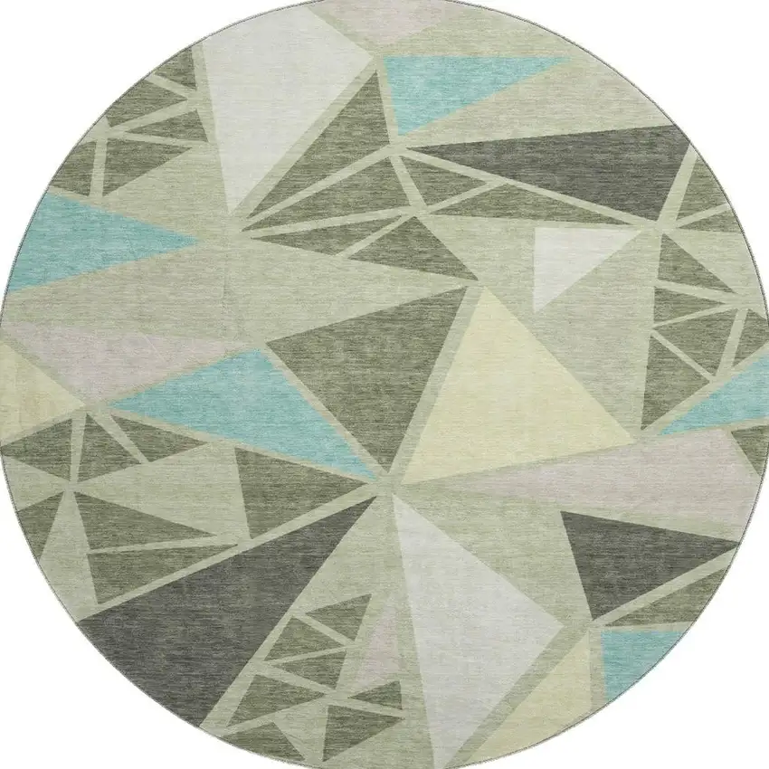8' Artichoke Green Aqua And Ivory Geometric Washable Round Rug With UV Protection Photo 2