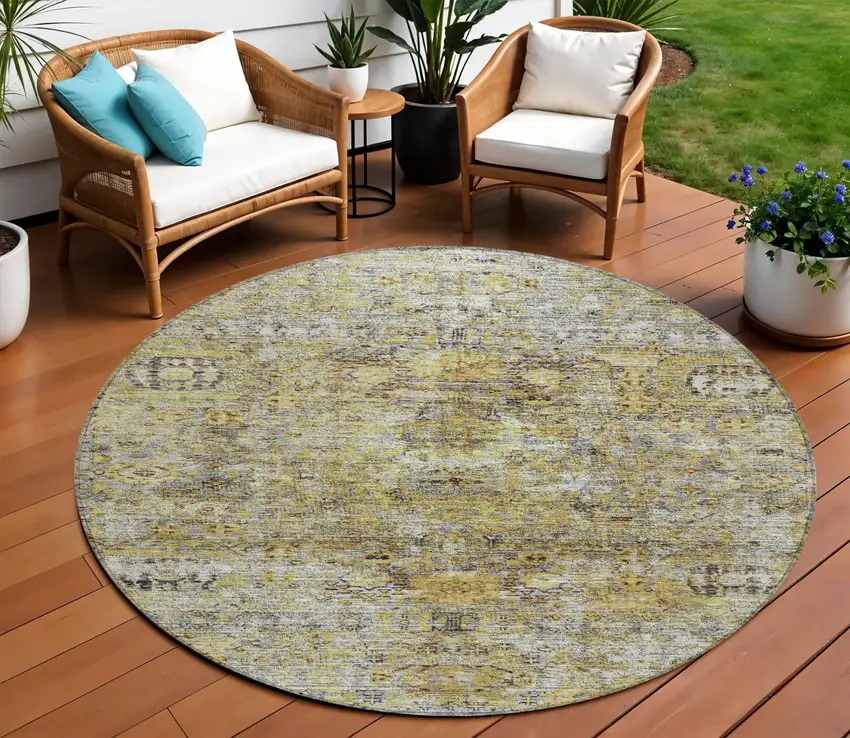 8' Artichoke Green Beige And Black Round Floral Washable Indoor Outdoor Area Rug Photo 1