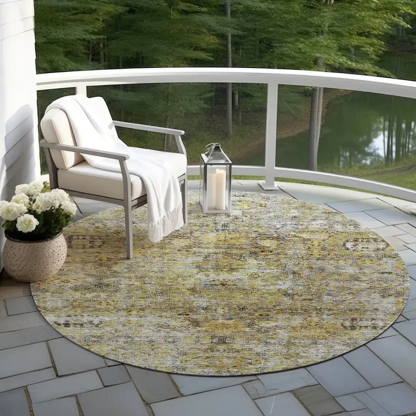 8' Artichoke Green Beige And Black Round Floral Washable Indoor Outdoor Area Rug Photo 7