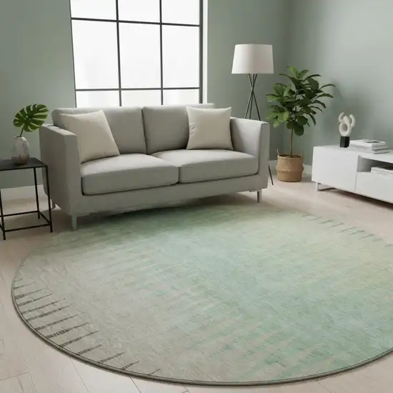 8' Artichoke Green Beige And Brown Striped Washable Round Rug With UV Protection Photo 2