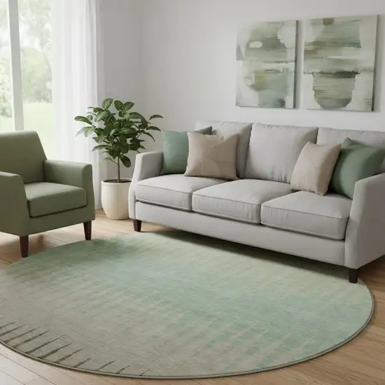 8' Artichoke Green Beige And Brown Striped Washable Round Rug With UV Protection Photo 1