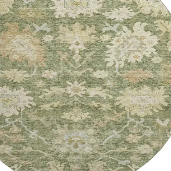 8' Artichoke Green Beige And Copper Floral Medallion Washable Round Rug With UV Protection Photo 2