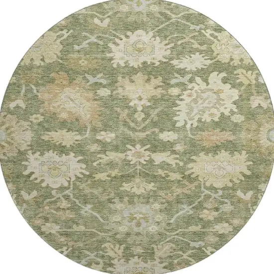 8' Artichoke Green Beige And Copper Floral Medallion Washable Round Rug With UV Protection Photo 3