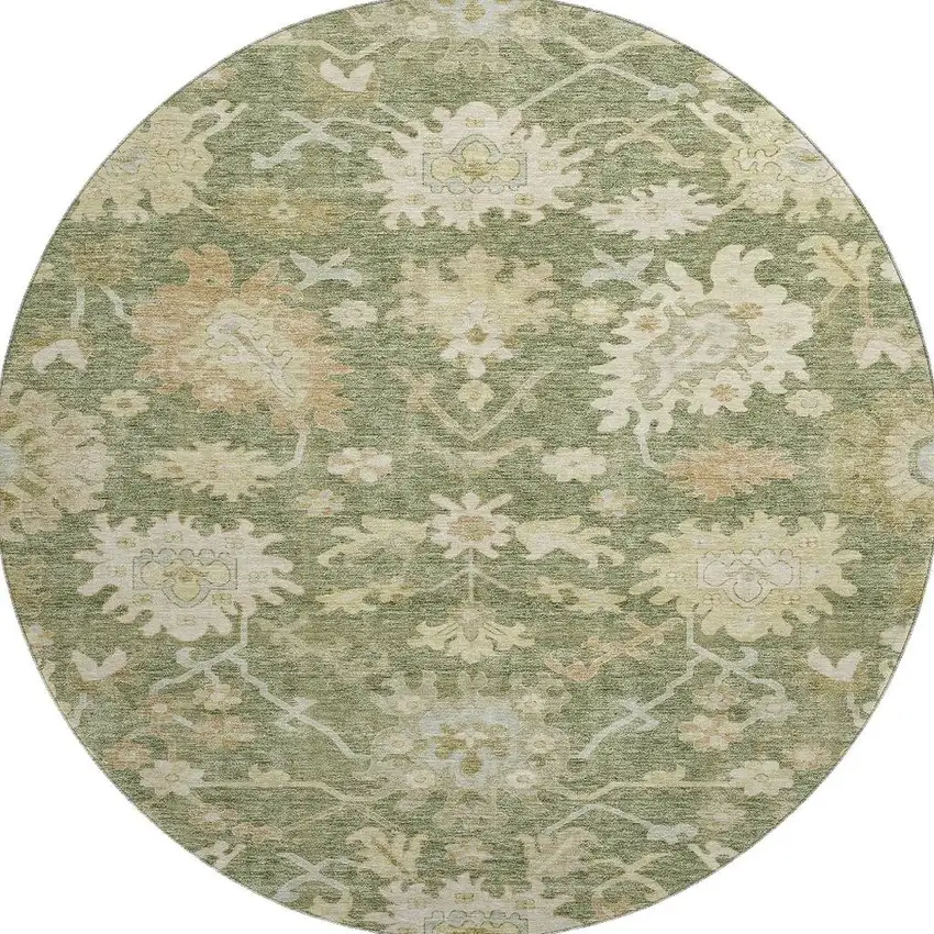8' Artichoke Green Beige And Copper Floral Medallion Washable Round Rug With UV Protection Photo 3