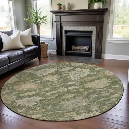 8' Artichoke Green Beige And Copper Floral Medallion Washable Round Rug With UV Protection Photo 4