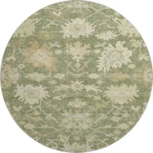 Photo of 8' Artichoke Green Beige And Copper Floral Medallion Washable Round Rug With UV Protection