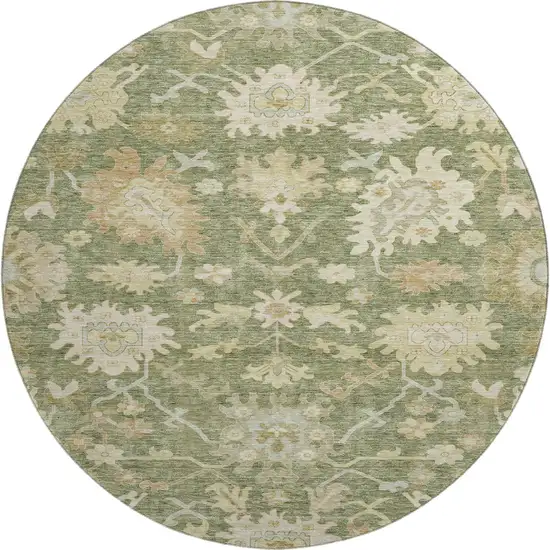 8' Artichoke Green Beige And Copper Floral Medallion Washable Round Rug With UV Protection Photo 1