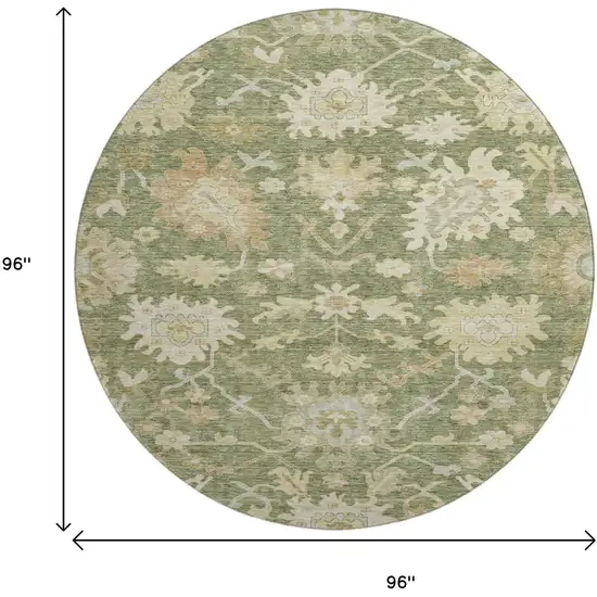 8' Artichoke Green Beige And Copper Floral Medallion Washable Round Rug With UV Protection Photo 9