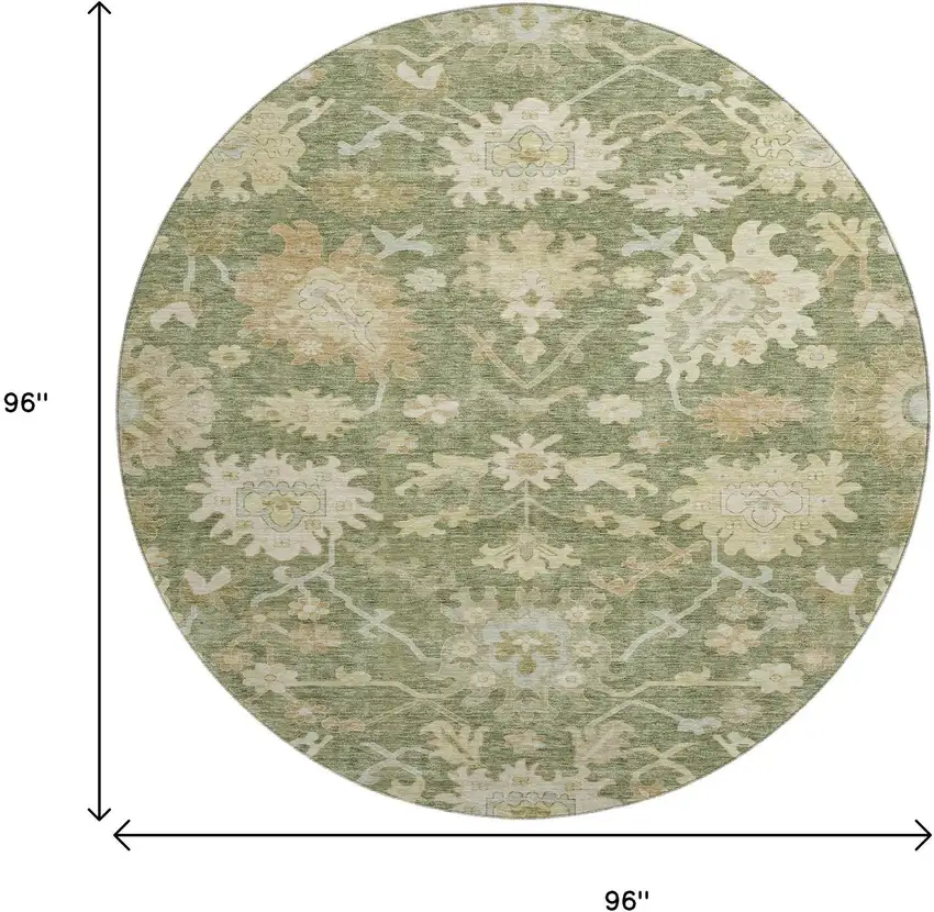 8' Artichoke Green Beige And Copper Floral Medallion Washable Round Rug With UV Protection Photo 9