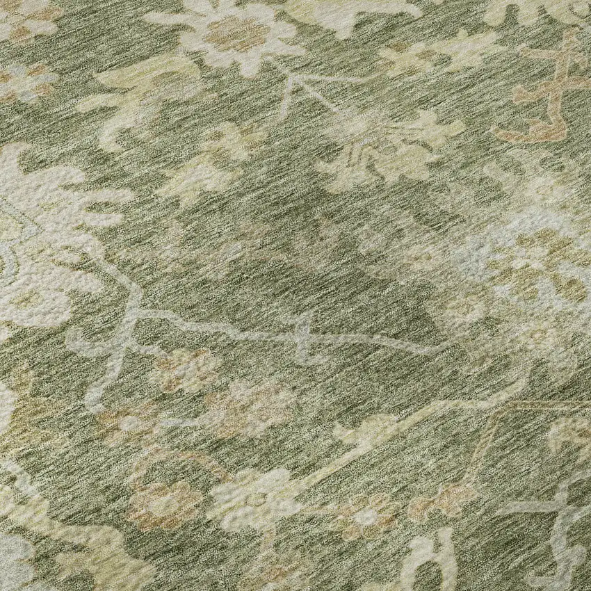 8' Artichoke Green Beige And Copper Floral Medallion Washable Round Rug With UV Protection Photo 8