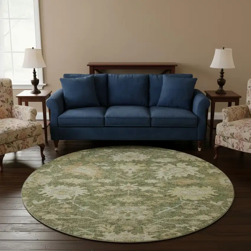 8' Artichoke Green Beige And Copper Floral Medallion Washable Round Rug With UV Protection Photo 2