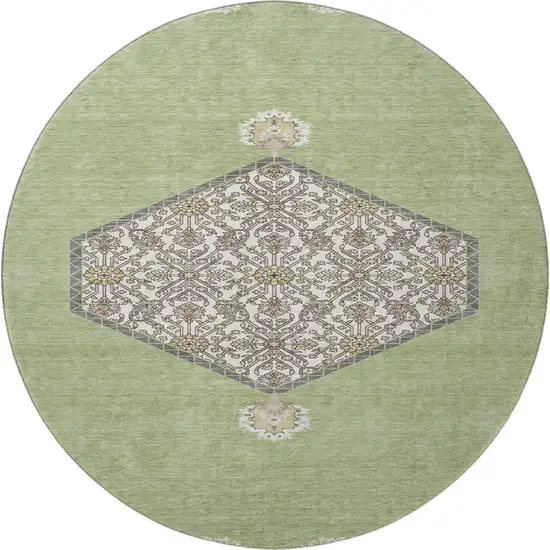 8' Artichoke Green Beige And Gray Oriental Washable Round Rug With UV Protection Photo 4