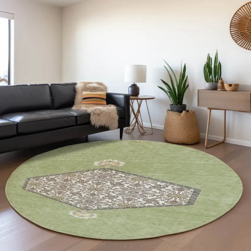 8' Artichoke Green Beige And Gray Oriental Washable Round Rug With UV Protection Photo 4