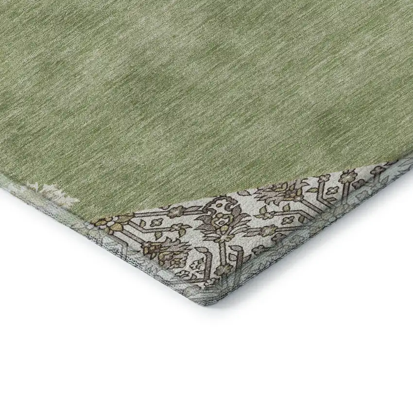 8' Artichoke Green Beige And Gray Oriental Washable Round Rug With UV Protection Photo 6