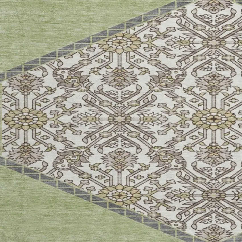 8' Artichoke Green Beige And Gray Oriental Washable Round Rug With UV Protection Photo 2