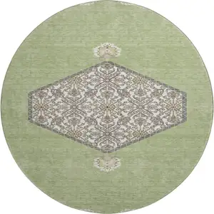 Photo of 8' Artichoke Green Beige And Gray Oriental Washable Round Rug With UV Protection