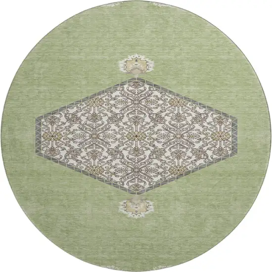 8' Artichoke Green Beige And Gray Oriental Washable Round Rug With UV Protection Photo 1
