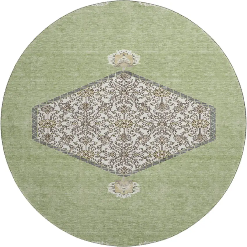 8' Artichoke Green Beige And Gray Oriental Washable Round Rug With UV Protection Photo 1