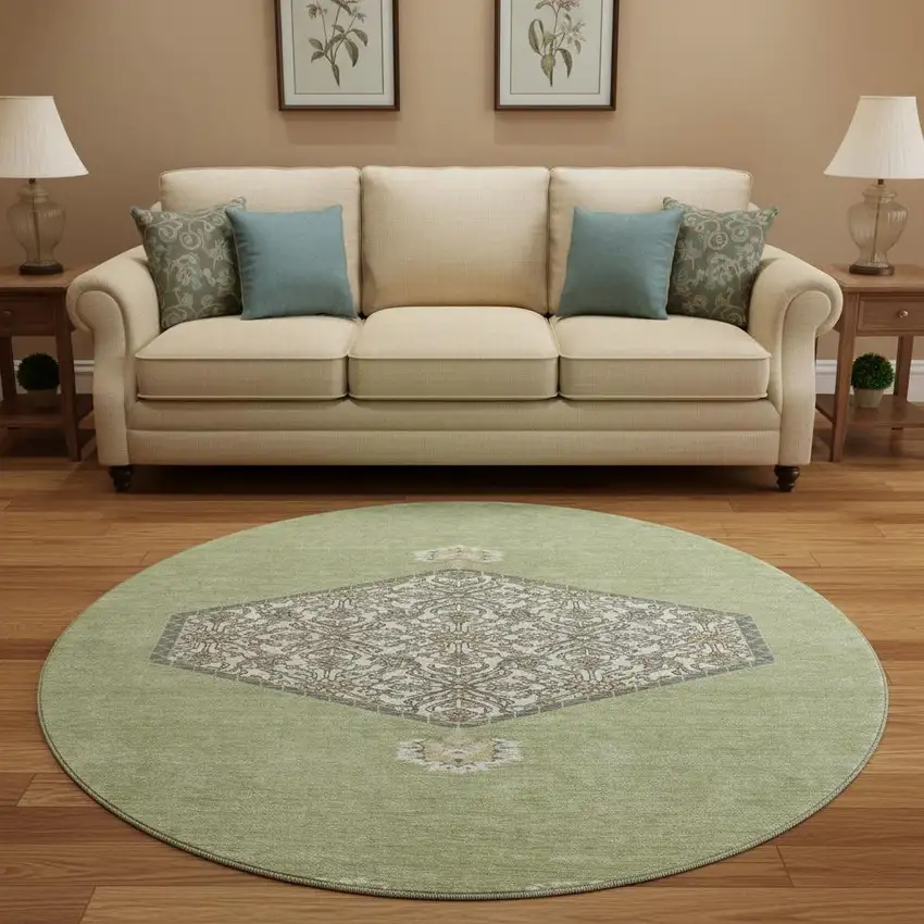 8' Artichoke Green Beige And Gray Oriental Washable Round Rug With UV Protection Photo 2