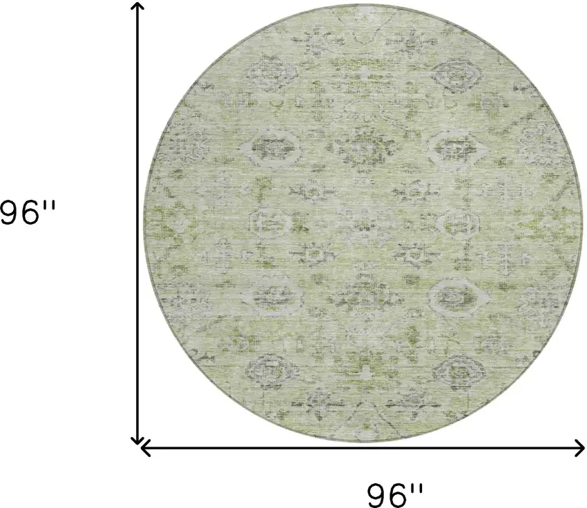 8' Artichoke Green Beige And Gray Round Damask Washable Indoor Outdoor Area Rug Photo 9