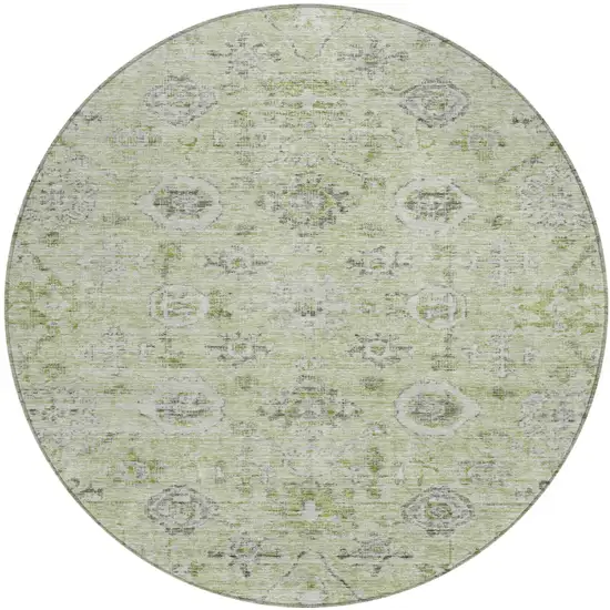 8' Artichoke Green Beige And Gray Round Damask Washable Indoor Outdoor Area Rug Photo 2