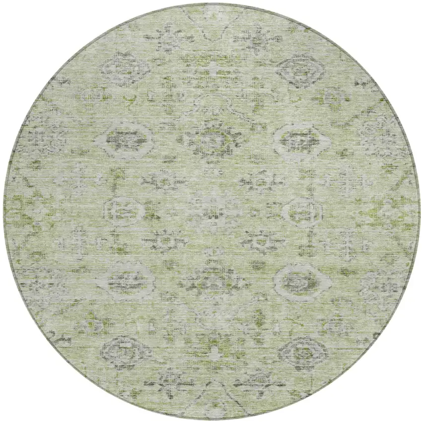 8' Artichoke Green Beige And Gray Round Damask Washable Indoor Outdoor Area Rug Photo 2