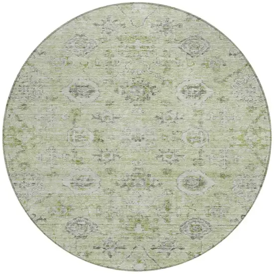 8' Artichoke Green Beige And Gray Round Damask Washable Indoor Outdoor Area Rug Photo 6