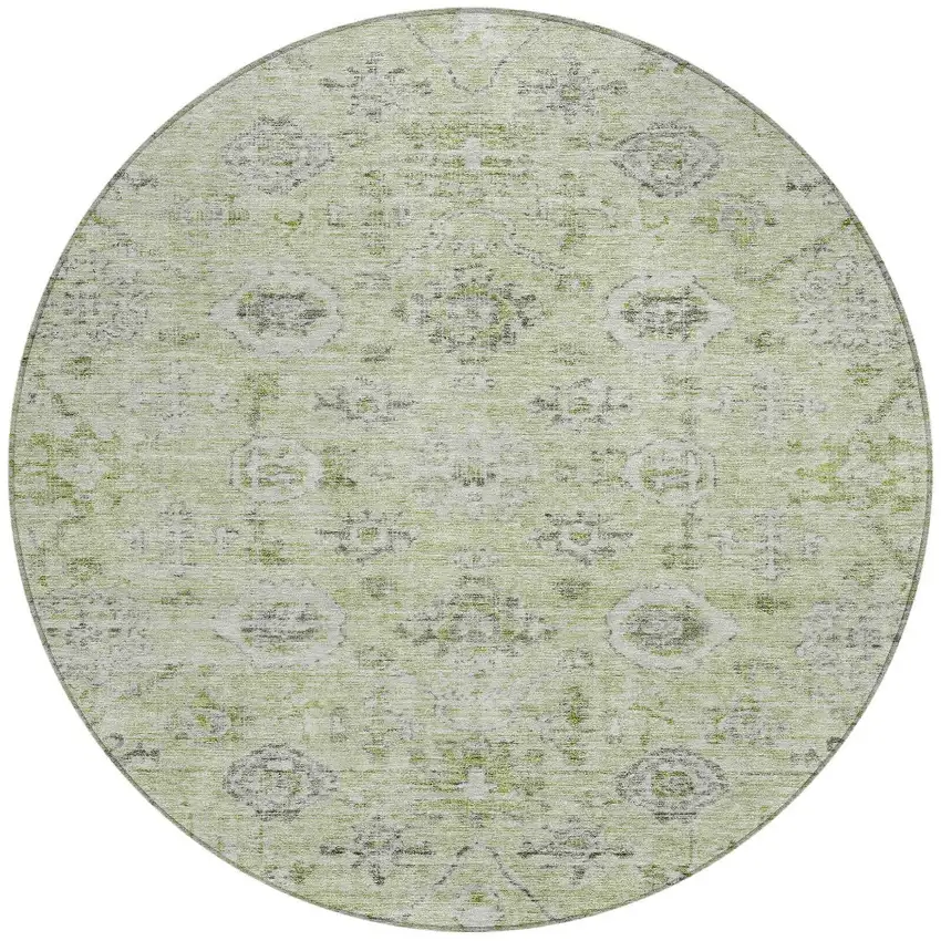 8' Artichoke Green Beige And Gray Round Damask Washable Indoor Outdoor Area Rug Photo 6
