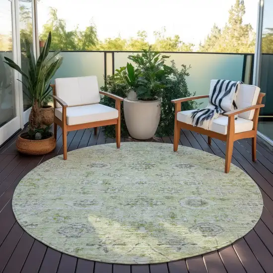 8' Artichoke Green Beige And Gray Round Damask Washable Indoor Outdoor Area Rug Photo 7