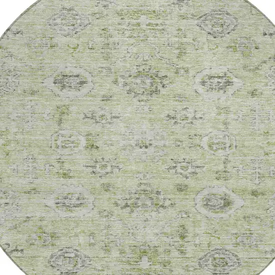 8' Artichoke Green Beige And Gray Round Damask Washable Indoor Outdoor Area Rug Photo 5