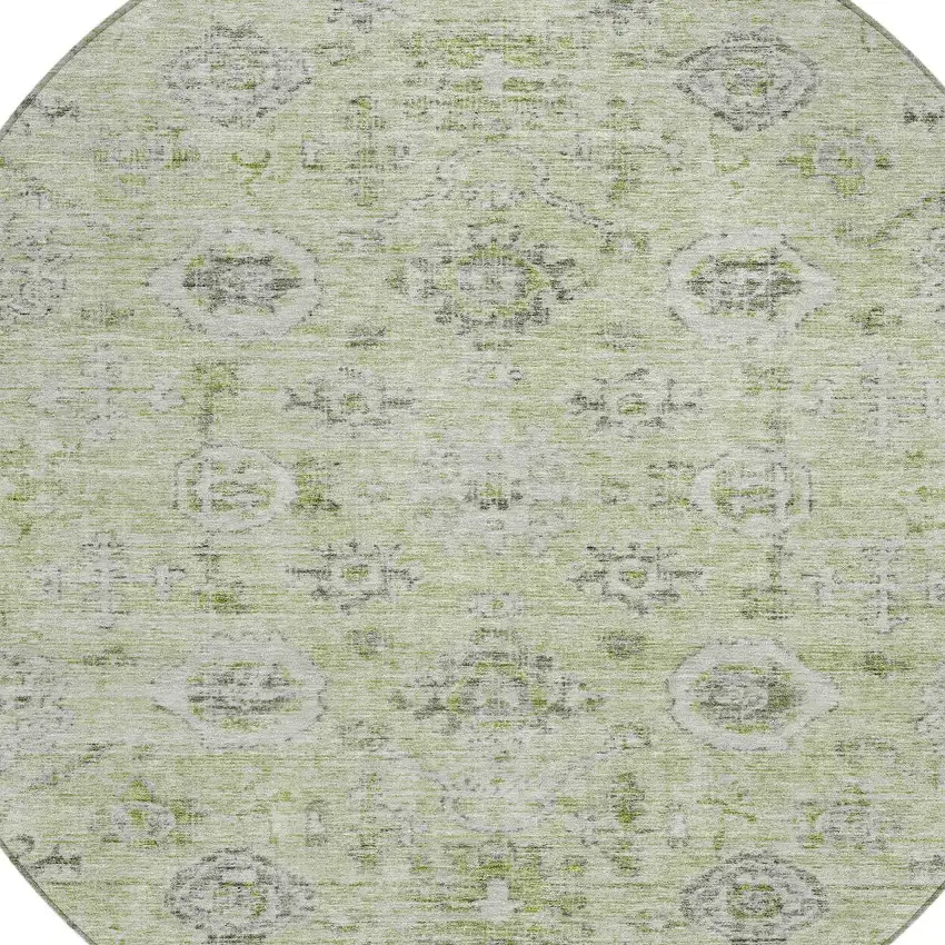 8' Artichoke Green Beige And Gray Round Damask Washable Indoor Outdoor Area Rug Photo 5