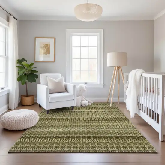 8' Artichoke Green Beige And Gray Striped Washable Area Rug With UV Protection Photo 5