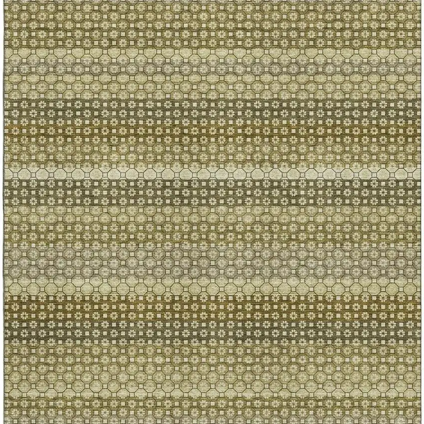 8' Artichoke Green Beige And Gray Striped Washable Area Rug With UV Protection Photo 3
