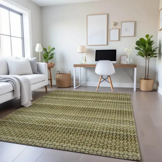 8' Artichoke Green Beige And Gray Striped Washable Area Rug With UV Protection Photo 4