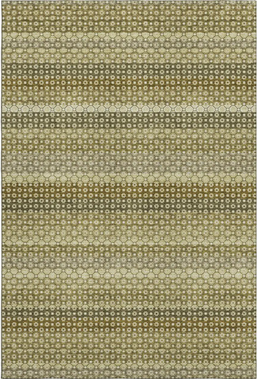 8' Artichoke Green Beige And Gray Striped Washable Area Rug With UV Protection Photo 1