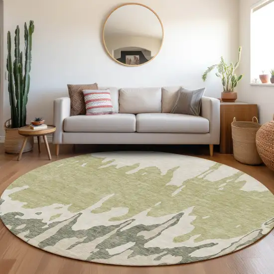 8' Artichoke Green Beige And Ivory Abstract Washable Round Rug With UV Protection Photo 4