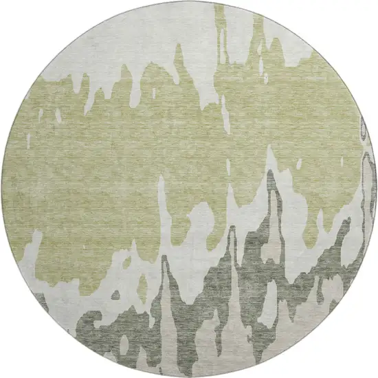 8' Artichoke Green Beige And Ivory Abstract Washable Round Rug With UV Protection Photo 1