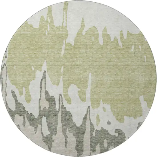 8' Artichoke Green Beige And Ivory Abstract Washable Round Rug With UV Protection Photo 3