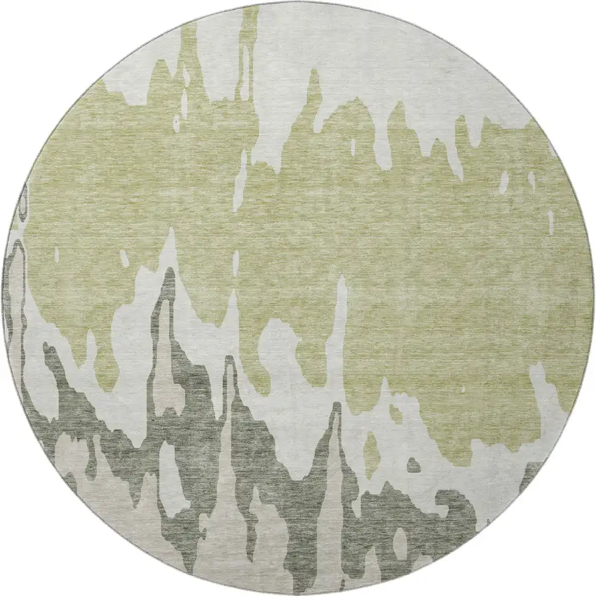 8' Artichoke Green Beige And Ivory Abstract Washable Round Rug With UV Protection Photo 3
