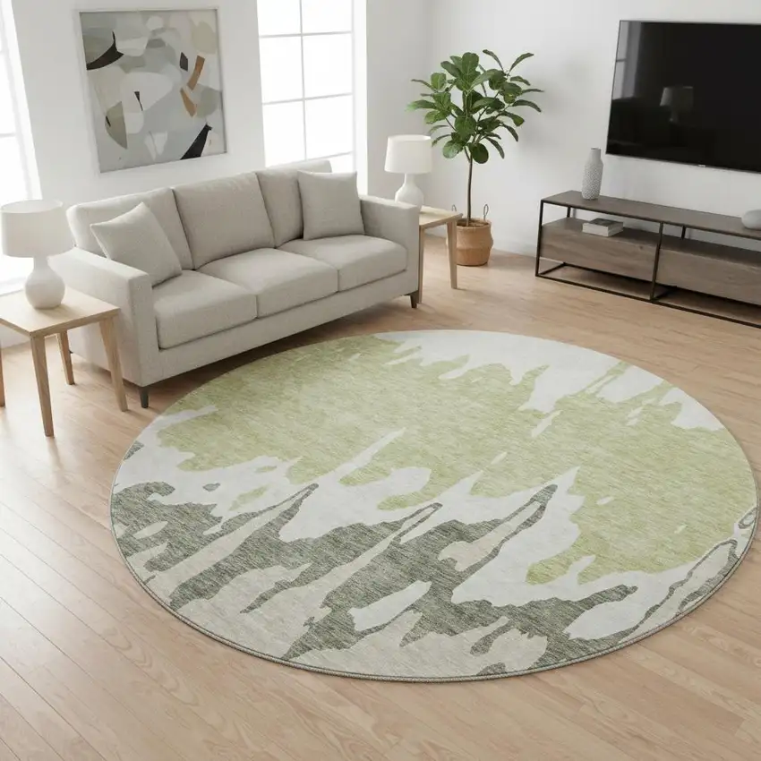 8' Artichoke Green Beige And Ivory Abstract Washable Round Rug With UV Protection Photo 2